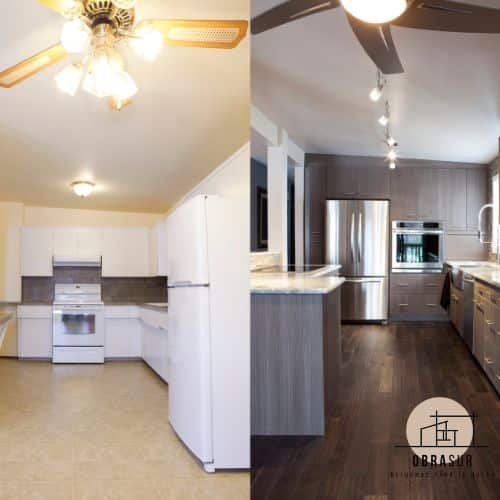 Antes y después de una reforma de cocina realizada por Obrasur